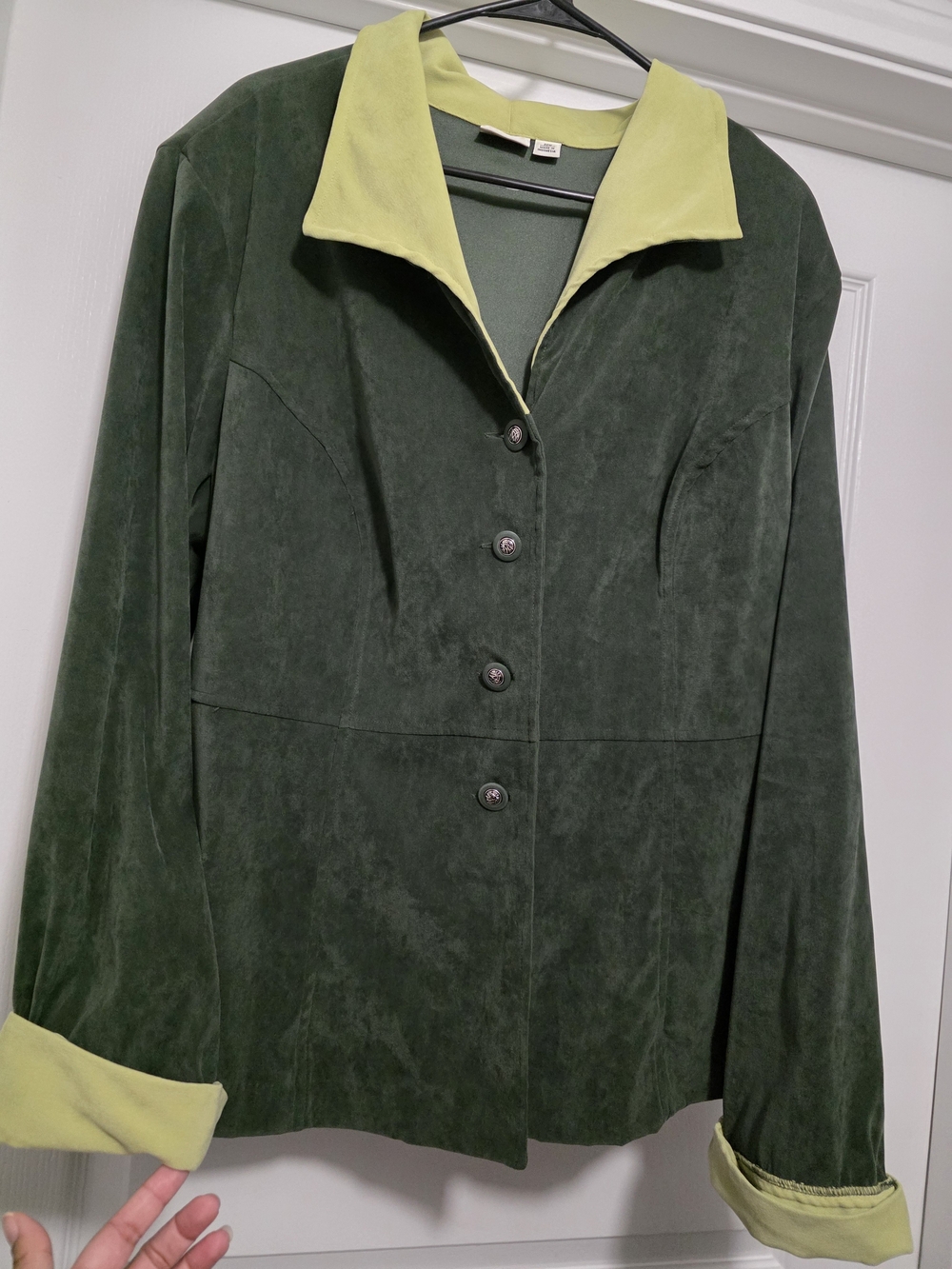Cato Dark Green Suede Button-Front Jacket with Lime Trim